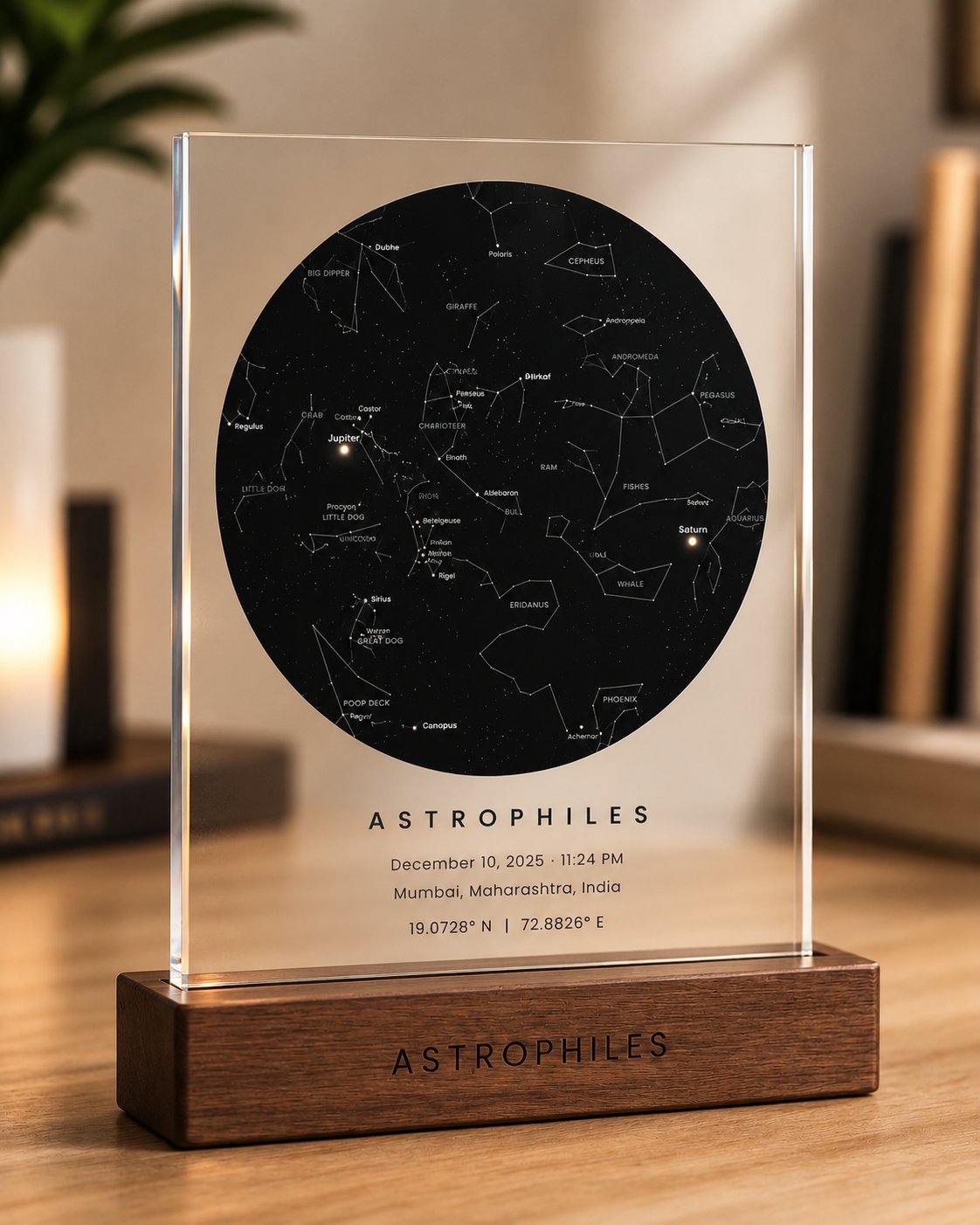 A personalized Astrophiles star chart, engraved on an acrylic plaque with a wooden stand